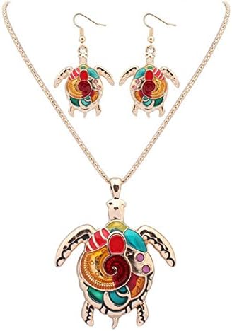 european style colorful dripping enamel sea turtle necklace earring jewelry set for women-gold