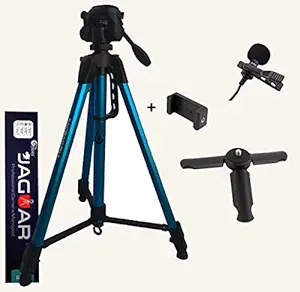 Eloies Jaguar 3 Way Pan Head Photo Video Heavy Built Tripod Stand for Mobile Phones and Cameras Max Height 5.5 Foot Combo Pack (Blue)