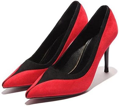 WYWQ Shallow Mouth Suede Women'S Single Shoes Fine High Heels Splice Multicolor Banquet Wedding Shoes 2018 Spring New Pointed Toe , red , 36