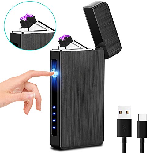 XIMU Accendino Elettrico, USB Accendino Plasma Ricaricabile Antivento & Senza Fiamma, Accendino Dual Arco con Indicatore della Batteria per Candele/Sigarette/Cucina/Grill (Nero)