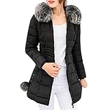 FNKDOR Femme Manteau Hiver Chaud Epaisse Doudoune Casual Parka élégant Mi-Longue avec Capuche Fausse Fourrure Veste Blouson (Noir,2XL=FR(44))