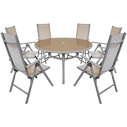 Charles Bentley 6 Seater Textilene Outdoor Garden Dining Set Round Table & 6 Reclining Chairs Patio Furniture