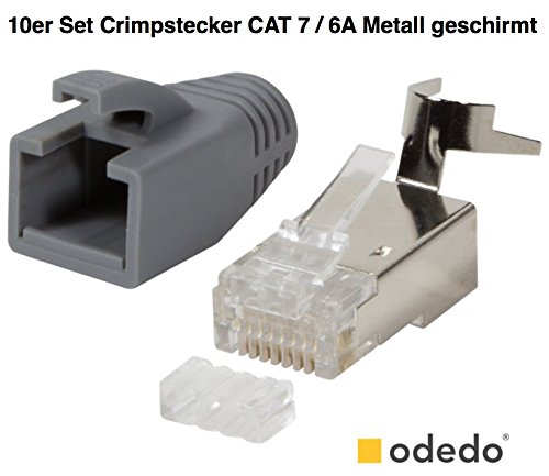 odedo® 10er Pack Crimpstecker grau CAT 7, CAT 7A, CAT 6A für Verlegekabel bis 8mm, 10 GBit Gigabit Ethernet, für starre oder flexible Adern 1.2mm bis 1.45mm, RJ45 Stecker Metall geschirmt mit Einfädelhilfe und Knickschutz, Crimp Stecker Netzwerk Lankabel RJ45 Kat 7, 7A, 6A, nicht für dünne CAT 5 Kabel geeignet. Modular Plug shielded Connector with Insert