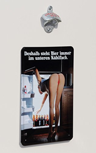 Wand-Flaschenöffner / Flaschen-Öffner mit Magnet-Falle + Blechschild „Bier immer im unteren Kühlfach“ - 2