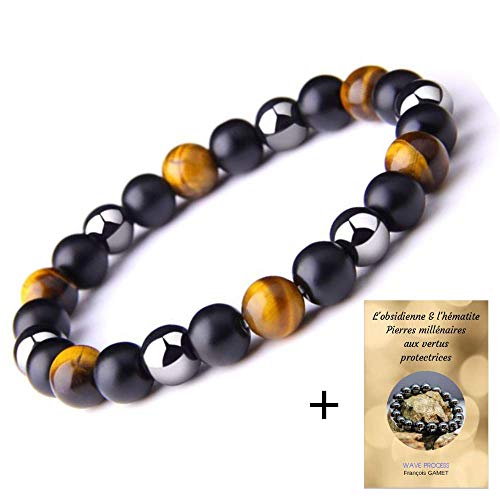 Wave Process Bracelet Fashion Véritables Pierres Naturelles Triple Protection de 6 mm Hématite Obsidienne Noire Mat et il de Tigre Homme & Femme Marque Française avec Livret & Pochette Coton (21)
