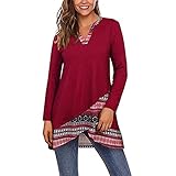 NPRADLA 2018 Herbst Bluse Damen Winter Casual V Ausschnitt Gedruckt Stitching Unregelmäßiger Rand T Shirt(M/34,Weinrot)
