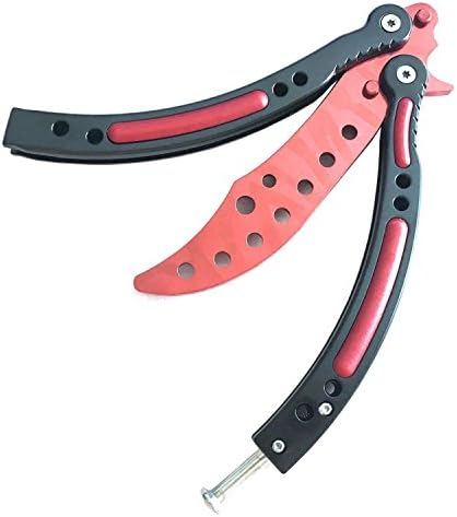 SchwartzPro Zone Folding Trainer Curved Stainless Steel Flip Trick Practice Tool with Holes CS/HDD14 (Red blade - black red handle)