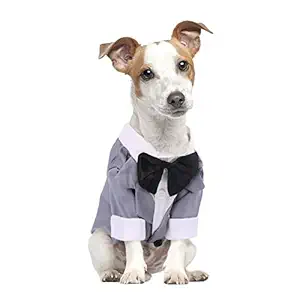 KOESON Dog Wedding Tuxedo, Dog Costume Wedding Formal Suit Dress up Outfit with Leash Hole, Pet Bow Tie Shirt Birthday Party Apparel Holiday Attire for Puppy and Small Dogs Grey S