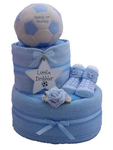 Football Two Tier Blue Nappy Cake Baby Boy Gift with FREE Uk Delivery