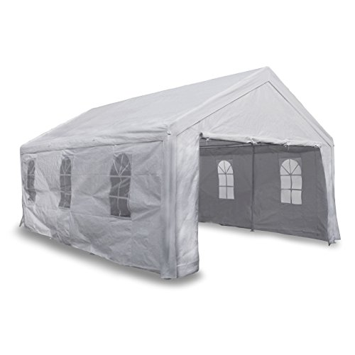 Festzelt Pavillon 4x6 m weiß mit Seitenteilen 180g/m² PE wasserdicht Carport Partyzelt Stahlrohrgestell Ø 38 mm, Seitenteile mit Fenstern komplett verschließbar SONDERPOSTEN