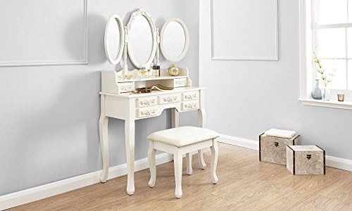 Arabella Shabby Chic Ivory Dressing Table Set With Stool, Oval Mirrors &amp; Storage Drawers Makeup Desk