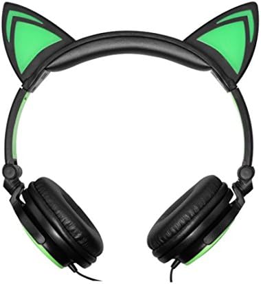 Wired Headphones Over-Ear Foldable Cat Ear Earphones with LED Light For Girls,Children.Compatible for Mp3 Mp4 player,iPhone,Android Phone (green)