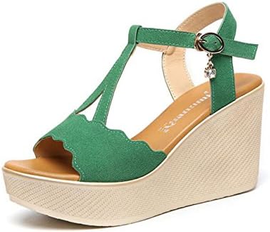 Womens Sandals Summer Gladiator Basic Pump Shoes Wedge Heel Creepers Peep Toe Buckle for Casual Office & Career (Color : Green, Size : 41)