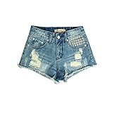  Zhanying Frühling und Sommer Straße schießen Löcher alte lose breite Denim Hot Pants Jeans Raw Shorts Nieten (Color : Blue, Size : XXXL)