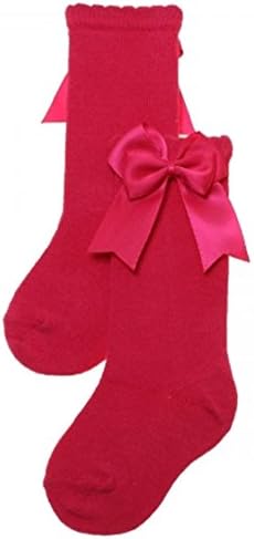 Baby Girls Double Bow Socks Spanish Romana style Below Knee high Christening Bridesmaid Party Wedding (Fuscia, UK 4 = 7-9 Years)