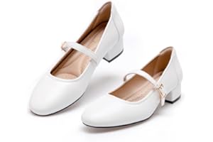 hingswink Mary Jane Shoes Women White Low Heels Dress Shoes Pumps for Women Dressy Low Heel 2 Inch Chunky Heel Mary Janes Pumps with Adjustable Ankle Strap for Women Dressy Casual