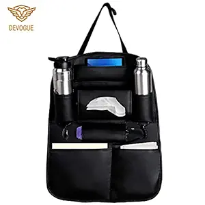 DEVOGUE PU Leather Car Back seat Organizer with Foldable Dining Table Tray Waterproof Storage Pockets with Tablet, Mobile, Bottle, Tissue Box and Umbrella Holder (Black)