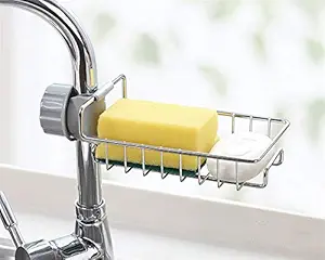 HOME CUBE 1 Pc Metal Chrome Finish Kitchen Faucet Sponge Holder, Hanging Sink Organizer Caddy Rack,Towel Holder,Faucet Caddy for Bathroom - Silver