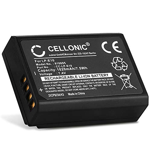 CELLONIC® Batería Compatible con Canon EOS 1100D 1200D 1300D, EOS 1D X Mark II EOS 2000D EOS 4000D, EOS Kiss X50 Kiss X70 Kiss X80, EOS Rebel T3 Rebel T5 Rebel T6 1020mAh LP-E10 bateria Repuesto Pila