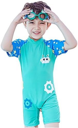Baby Boy Girls Short Sleeve Zip Rash Guard Cartoon UV Protection One Piece Swimwear Swimsuit UPF 50+ (Green, 130cm)