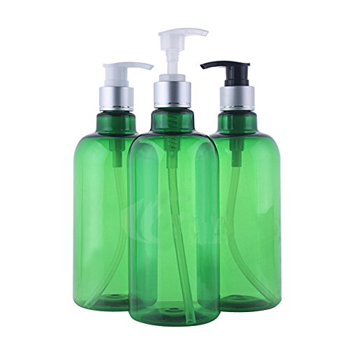 3PCS 500ml/16.6OZ Refillable Empty PET Plastic Green Pump Bottles Jars with Pump Tops for Makeup Cosmetic Bath Shower Toiletries Liquid Containers Leak Proof Portable Travel Accessories