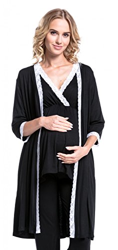 HAPPY MAMA Women's Maternity Robe 3/4 Sleeves Dressing-Gown Belt 593p (Black, UK 14, XL)