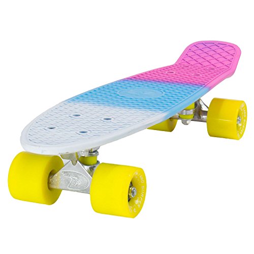 Land Surfer® Skateboard Cruiser Retro Completo 56cm con Tabla de 3 Tonos de Colores Diferentes - cojinetes ABEC-7 - Ruedas 59mm PU + Bolsa para el Transporte - Tabla 3 Colores/Ruedas Amarillas