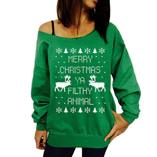 Noël Tops Blouse Femme Sweat Tee Shirt Imprime Wapiti Pere Noël Sweatshirt Épaule Dénudé Sexy Grande Taille Top sans Bretelle Manche Longue Cerise Blouse Sport Sweat Cadeau Chic