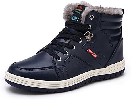 SGoodshoes Men Winter Warm Snow Boots Lace Up Leather Ankle Sneaker Outdoor Waterproof High Top Shoes With Fully Fur Lined, Deep Blue 45