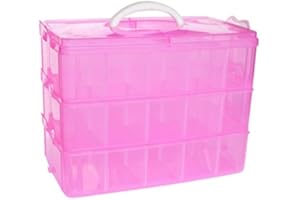 Kamay's 13x7.5x10inch XL 3 Tier Stackable Adjustable Compartment Slot Bead Craft Jewellery Tool Storage Organiser, with 30 Compartments,Snap-lock Tray Container Box,Pink