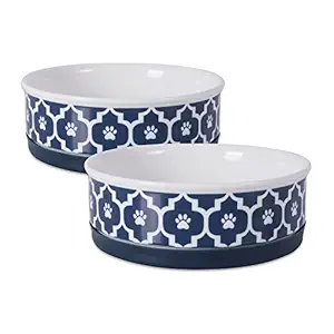 DII Bone Dry Non-Skid Ceramic Pet Bowl for Food & Water, Set of 2, Medium - Nautical Blue Lattice