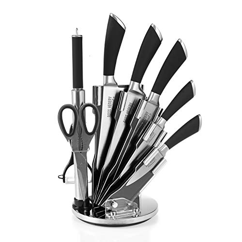 Ross Henery Professional Juego de Cuchillos de Cocina de Acero Inoxidable de 8 Piezas manijas recubiertas de Goma en Soporte de acrílico Giratorio