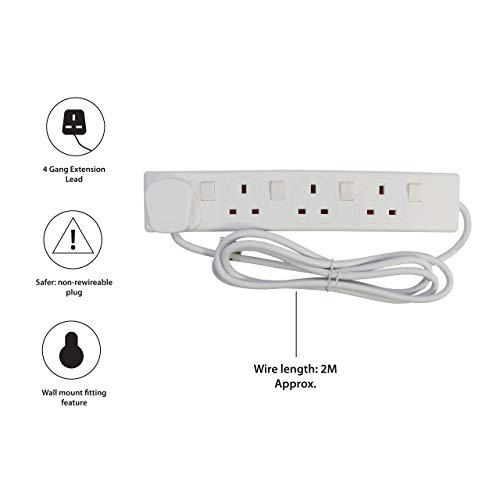 Pifco 4 Way UK 3Pin Plug 13A 250V Extension Lead with 2 Metre High-Quality Cable and Single Plug Switches - Neon Power On Indicator -  White