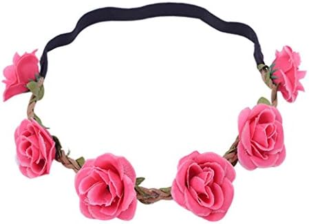 Bride Wreath Headband,Women Girls Adjustable Artificial Flower Bohemian Exquisite Wreath Hairband Quistal Headband Floral Crown Garland Halo for Wedding Party Festivals, Wedding Bride Hair Accessories Hat Ornament Photography Vocation Performance (Hot Pink)
