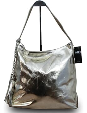 Made in Italy Luxus Damen Schultertasche Beutel Echt Leder Bicolor-Metallic Gold