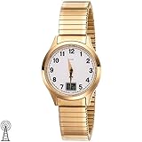 JOBO Damen Armbanduhr Funk Funkuhr Edelstahl vergoldet Flexband Datum Damenuhr