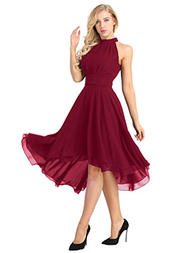 iiniim Asymétrique Robe de Mariage Soirée Femme Mousseline Robe de Cérémonie Partie sans Manches Robe de Demoiselles d'honneur Robe de Danse Salon Grande Taille Vin Rouge 34 (XS)