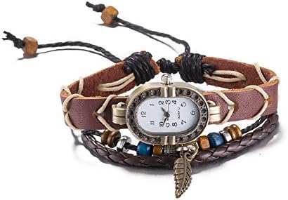 Ilove European Retro Bronze Men Women Watch Solid Wood Beads Leaf Pendant Leather Bracelet Genuine Leather Bangle Analog Quartz Watch Brown