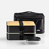  Atthys Fiambrera bento 1200 ml con Cubiertos: Tenedor/Cuchillo/Cuchara. Apta para microondas y lavavajillas. Caja de Almuerzo con 2 Compartimentos herméticos. Sin BPA. (Negro + Bolsa Termica)