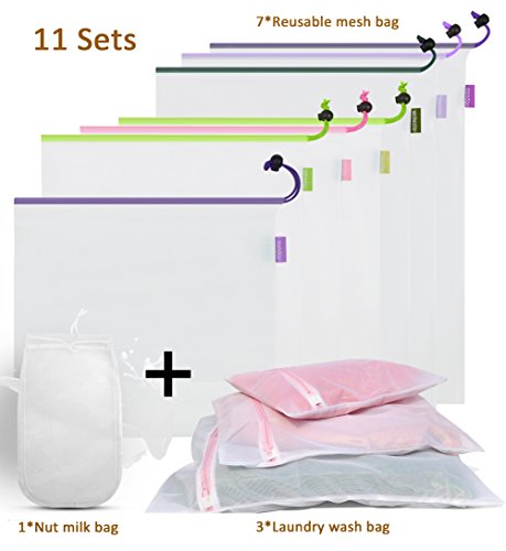 11 Pack Mesh Taschen-Include 7 wiederverwendbare Produce Taschen, 1 Mutter Milchbeutel, 3 Waschmittel Reißverschluss Waschbeutel