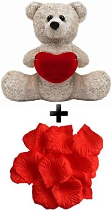 Teddy bear with Heart and 100 Red Rose Petals (Off White)