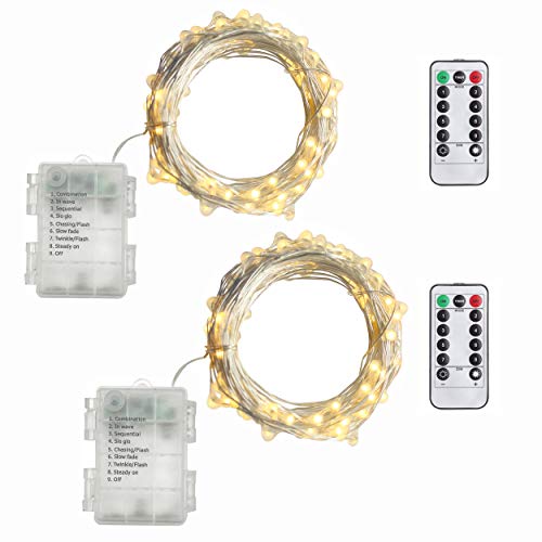Guirlande Lumineuse Boitier à Pile IP65 Étanche, 5M 50 Micro LED étoilées - Fonction de minuteur, 2 Pack, Blanc Chaud