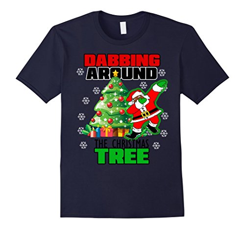 Men's Cute DABBING AROUND THE CHRISTMAS TREE T-SHIRT Funny Santa Small Navy