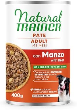 Natural Trainer Medium-Maxi Cibo Umido per Cani Adulti - Paté con Manzo 12 x 400g