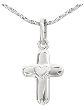 CLEVER SCHMUCK-SET Silberner Anhänger Mini Kreuz 11 mm gewölbt mit mattem Herz und Kette Singapur 40 cm STERLING...