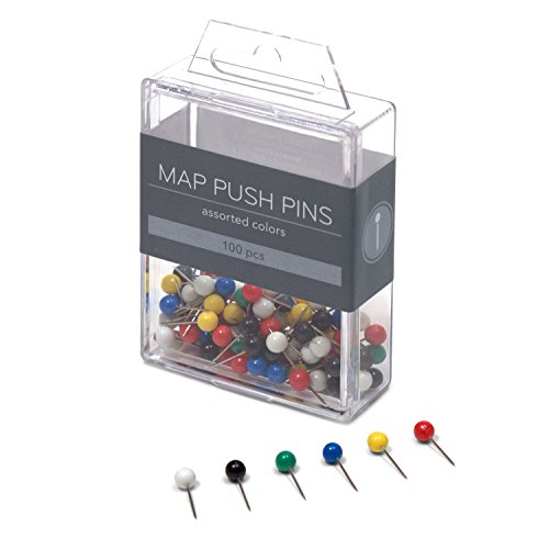 U BrandsMap Push Pins, Plastic Head, Steel Point, Assorted Colors, 100-Count - 659U08-24