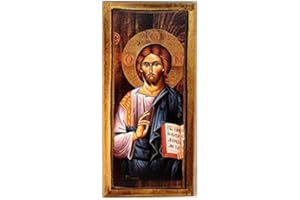 ICONSGR Handmade Wooden Greek Christian Orthodox Wood Icon of Jesus Christ / H3