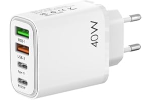 HEITCING EU travel adapter charger, fast charging 2 USB C and 2 USB A European plugs, European wall adapter with 2 USBA port and 2 Type C ports, Compatible with fast charging of iPhone/Samsung and others