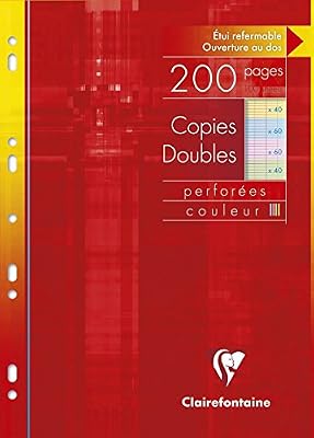 Clairefontaine 47111C - Un étui carton de 200 pages Copies doubles perforées couleur assorties 21x29,7 cm 90g grands carreaux (60 pages bleu et rose - 40 pages vert et jaune)