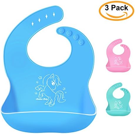 Amteker Waterproof Super Soft Silicone Baby Bibs - Easily Wipes Clean - Comfortable Food Grade Material Bibs for Infant Toddler (Blue &amp; Green &amp; Pink)